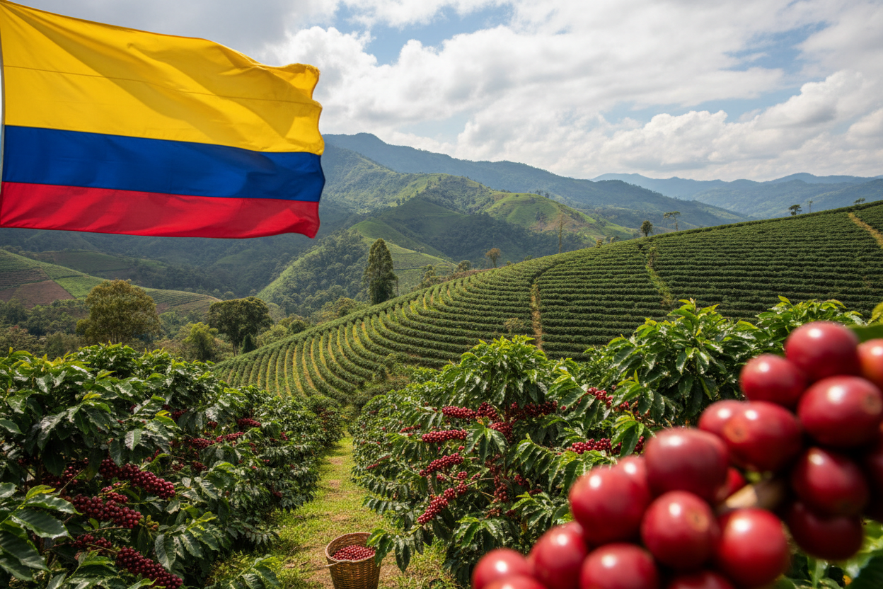 コロンビアの国旗と、コロンビア・ウィラのコーヒー農園とコーヒーチェリー