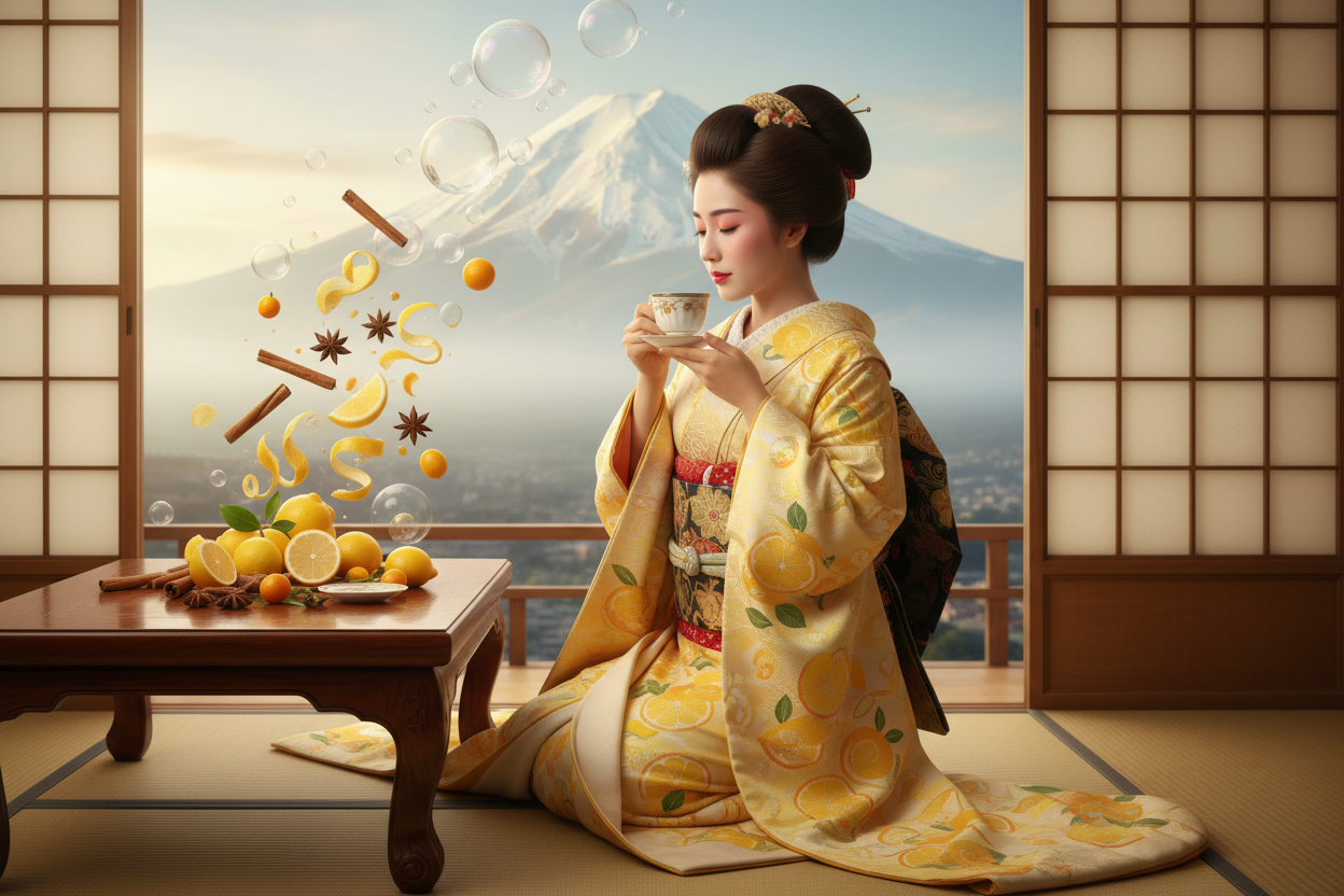 レモンキャンディというイメージの振袖を着た芸者がコーヒーを飲んでいる。スパイス、レモンなどのフルーツ、酵母などのイメージと富士山