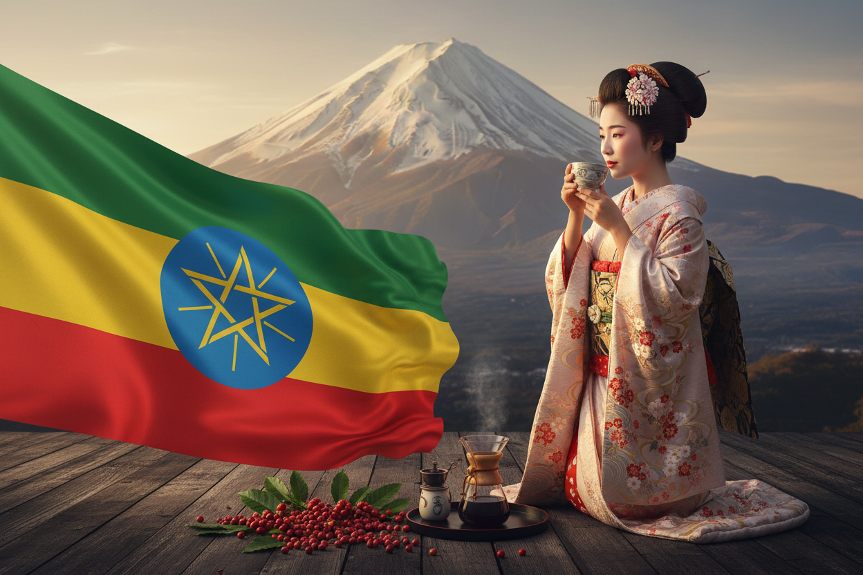 エチオピアの国旗と富士山の前でゲイシャがコーヒーを飲んでいる。コーヒーチェリー